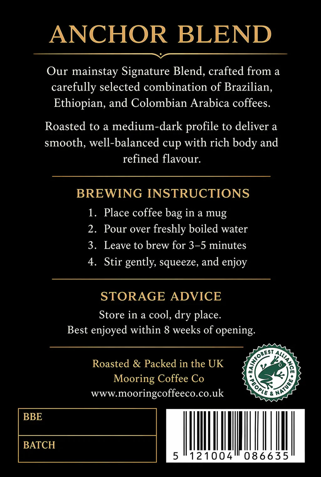 Mooring Coffee Co Anchor Blend Medium Dark Roast String and Tagged Coffee Bags 60 x 8g Per Pack Mooring Coffee Co Ltd