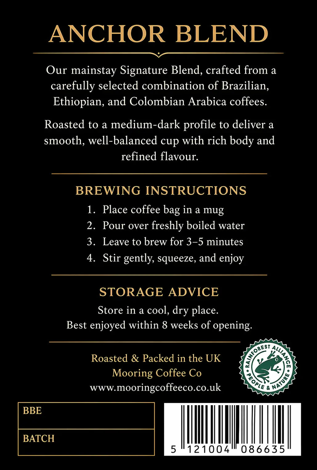Mooring Coffee Co Anchor Blend Medium Dark Roast String and Tagged Coffee Bags 60 x 8g Per Pack Mooring Coffee Co Ltd
