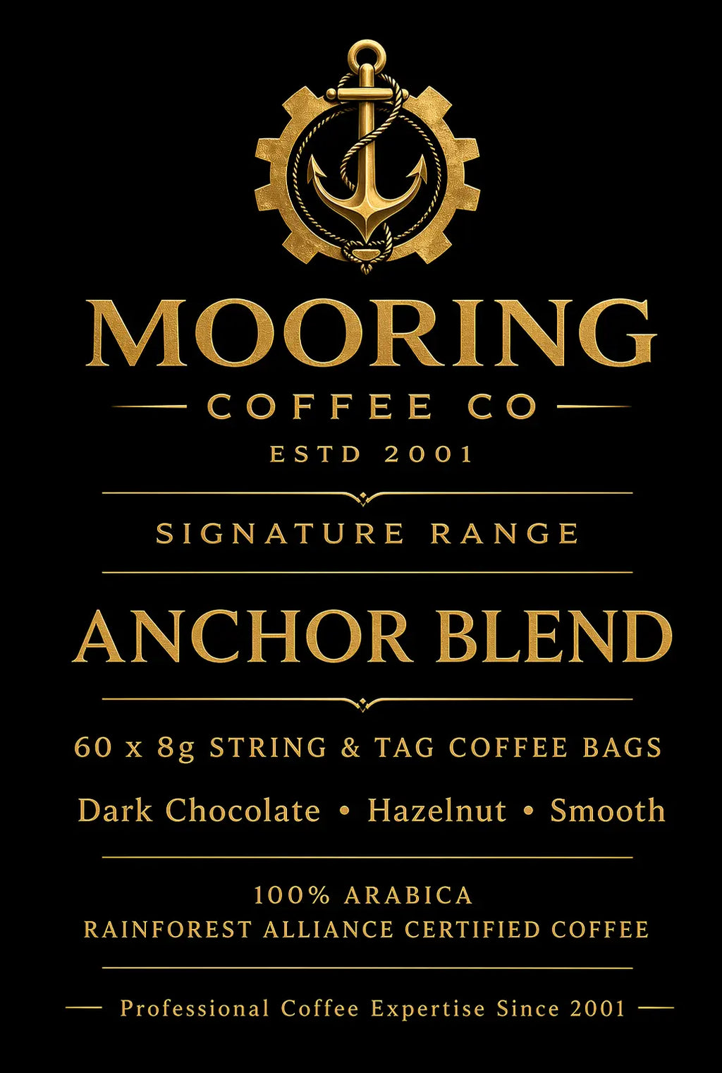 Mooring Coffee Co Anchor Blend Medium Dark Roast String and Tagged Coffee Bags 60 x 8g Per Pack Mooring Coffee Co Ltd