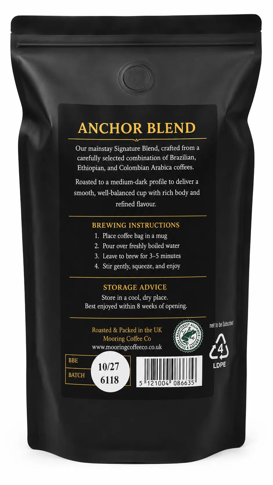 Mooring Coffee Co Anchor Blend – Medium Dark Roast Coffee Bags, 60 × 8g | 100% Arabica | Smooth & Full‑Bodied | Ethically Sourced Brazilian, Ethiopian & Colombian Coffee Mooring Coffee Co Ltd